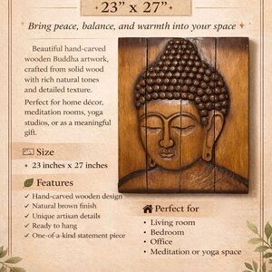 Hand-Carved Wooden Buddha Wall Art - Natural Brown